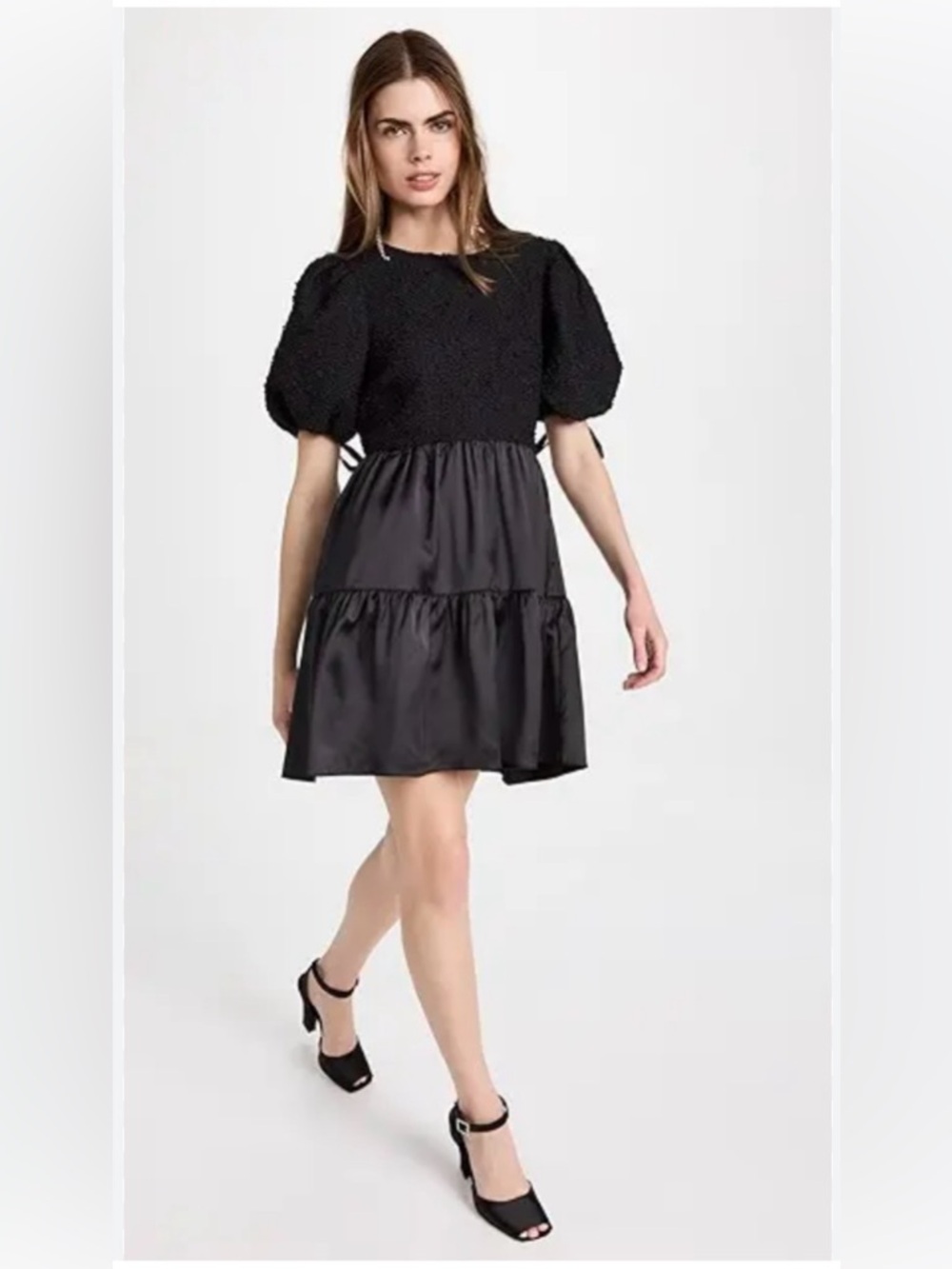 English Factory Black Puff-Sleeve Tiered Satin-Trim Mini Dress Med